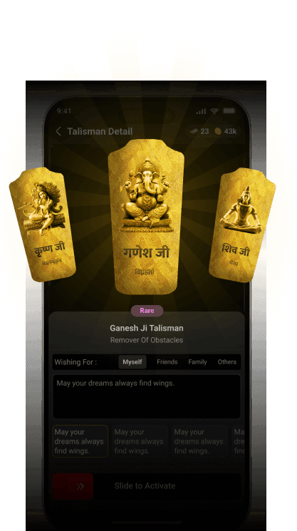 Visuals from the Divya Kavach app featuring premium talismans, enhancing success and protection for users and their loved ones.